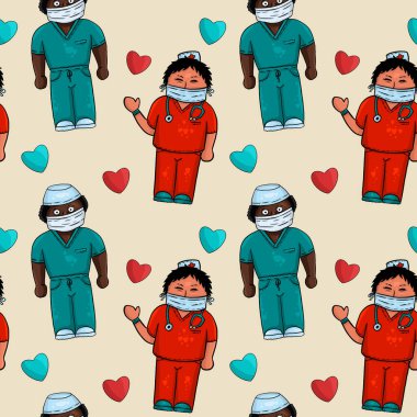 Doktorlar ve kalpler tıbbî olarak kusursuz kalıplar çizilmiş. Bej arkaplan.