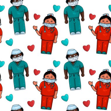 Doktorlar ve kalpler tıbbî olarak kusursuz kalıplar çizilmiş. Beyaz arkaplan.