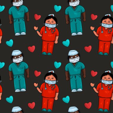 Doktorlar ve kalpler tıbbî olarak kusursuz kalıplar çizilmiş. Siyah arkaplan.