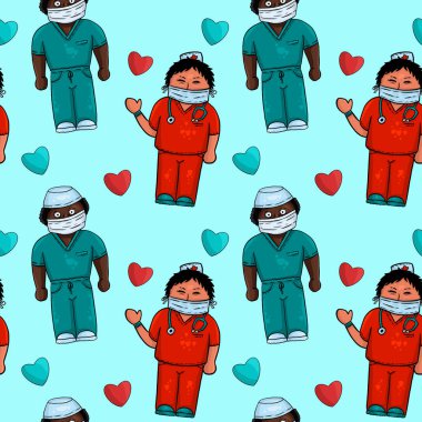 Doktorlar ve kalpler tıbbî olarak kusursuz kalıplar çizilmiş. Turkuaz arkaplan.