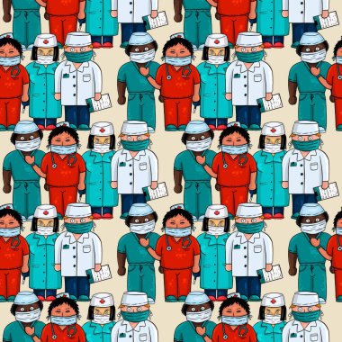 Tıbbî karikatür çizilmiş, kusursuz desen: bir sürü doktor. Bej arkaplan.