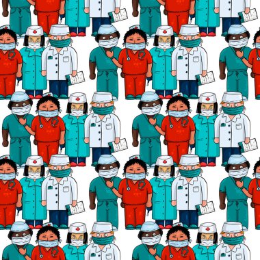 Tıbbî karikatür çizilmiş, kusursuz desen: bir sürü doktor. Beyaz arkaplan.