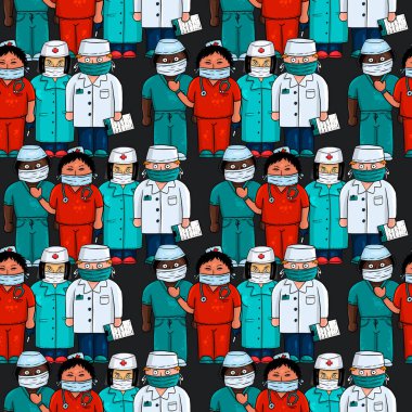 Tıbbî karikatür çizilmiş, kusursuz desen: bir sürü doktor. Siyah arkaplan.