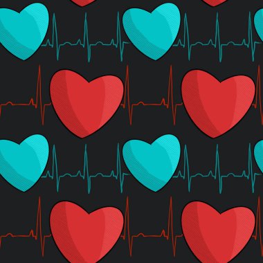 Hand-drawn medical seamless pattern, red and turquoise hearts and electrocardiogram on a dark background. Digital art.