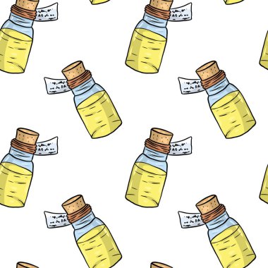 Hand drawn medical seamless pattern, yellow medicine bottles and paper label on white background. Digital art.