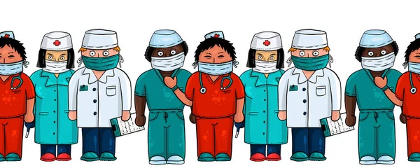 Four Cartoon Medics Multi Colored Suits Protective Masks Seamless Line — Stockfoto