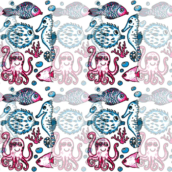 Schöne Meereslebewesen Rosa Und Türkis Markierungszeichnung Nahtloses Muster — Stockfoto