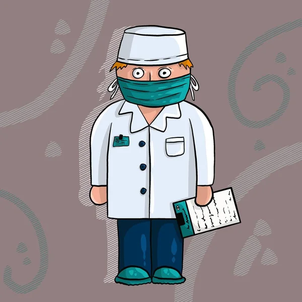 Cartoon Doctor White Coat Blue Trousers Protective Mask Brown Background — Stock Photo, Image