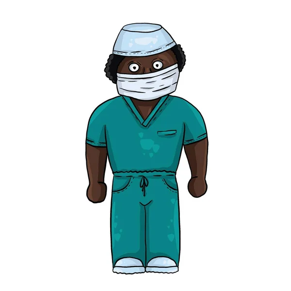 Cartoon African doctor in green surgical suit and protective mask on a white background. Digital art.