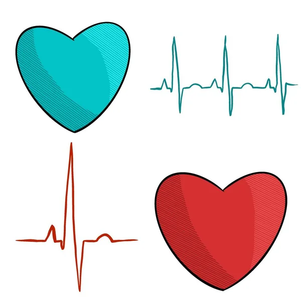 Gezeichnetes Medizinisches Set Rote Und Türkisfarbene Herzen Und Elektrokardiogramme Digitale — Stockfoto
