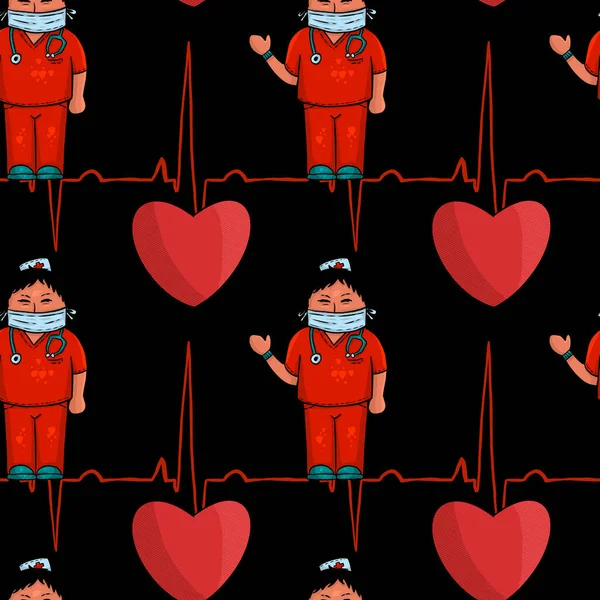 Nahtloses Medizinisches Muster Arzt Rot Mit Herz Schwarzer Hintergrund — Stockfoto