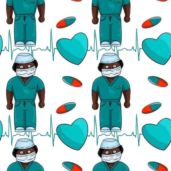 Hand drawn medical seamless pattern, black doctor in a turquoise suit, pills and hearts on a white background. Digital art.