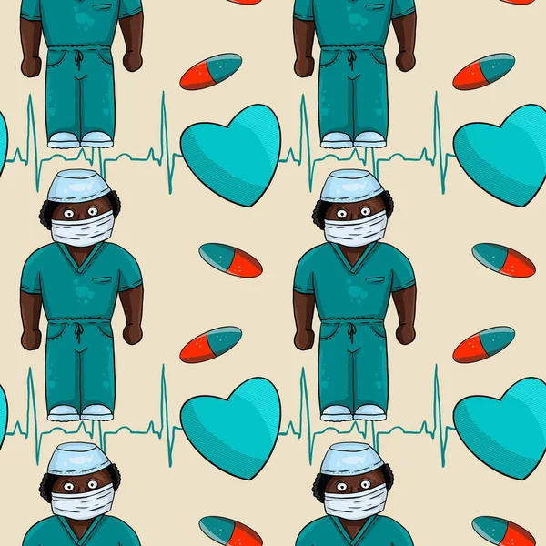 Hand drawn medical seamless pattern, black doctor in a turquoise suit, pills and hearts on a beige background. Digital art.