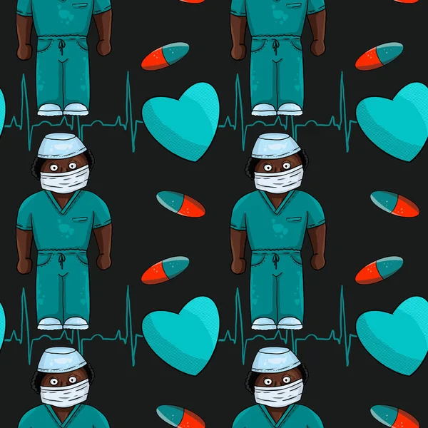 Hand drawn medical seamless pattern, black doctor in a turquoise suit, pills and hearts on a black background. Digital art.