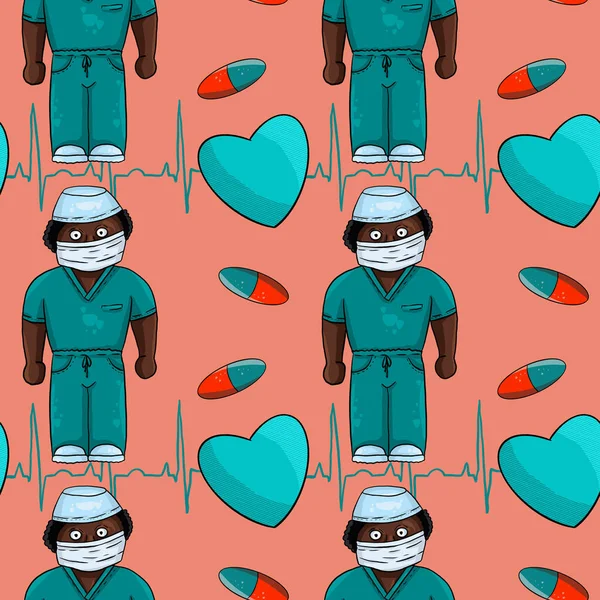 Hand drawn medical seamless pattern, black doctor in a turquoise suit, pills and hearts on a pink background. Digital art.