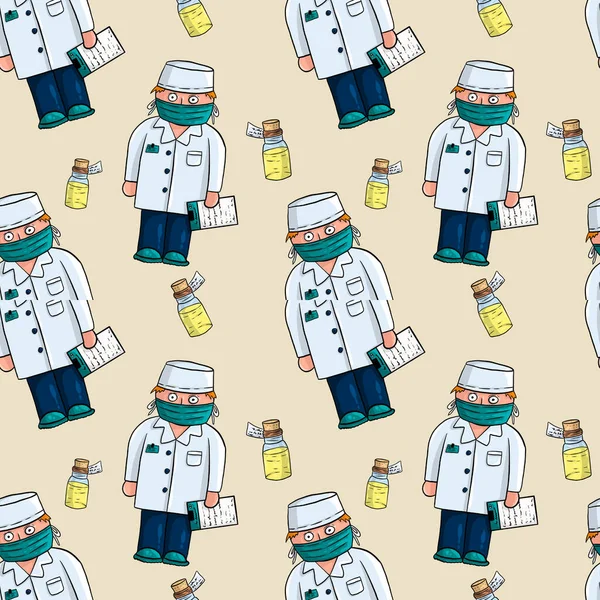 Tıbbî desenler çizilmiş: Doktorlar ve ilaç köpükleri. Yatay arkaplan.
