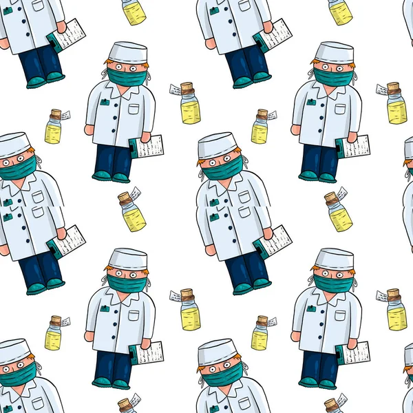 Tıbbî desenler çizilmiş: Doktorlar ve ilaç köpükleri. Beyaz arkaplan.