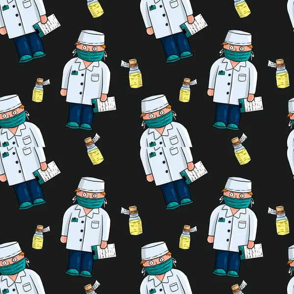 Tıbbî desenler çizilmiş: Doktorlar ve ilaç köpükleri. Siyah arkaplan.