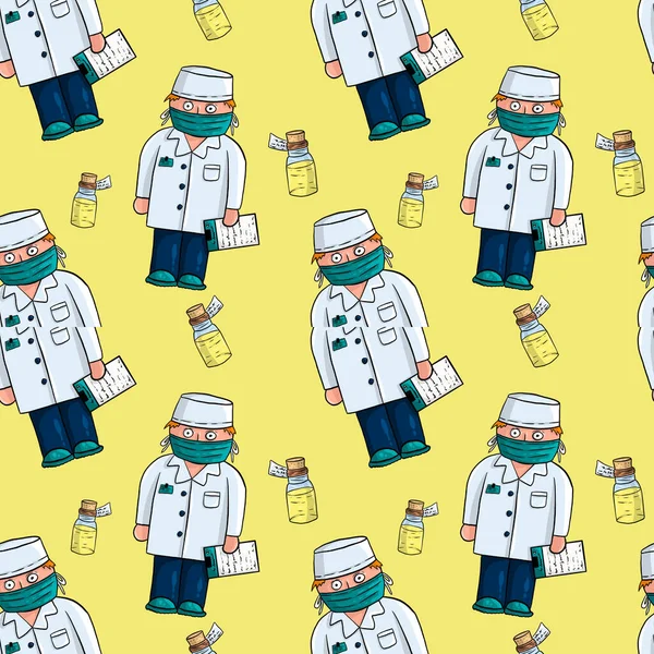 Tıbbî desenler çizilmiş: Doktorlar ve ilaç köpükleri. Sarı arkaplan.