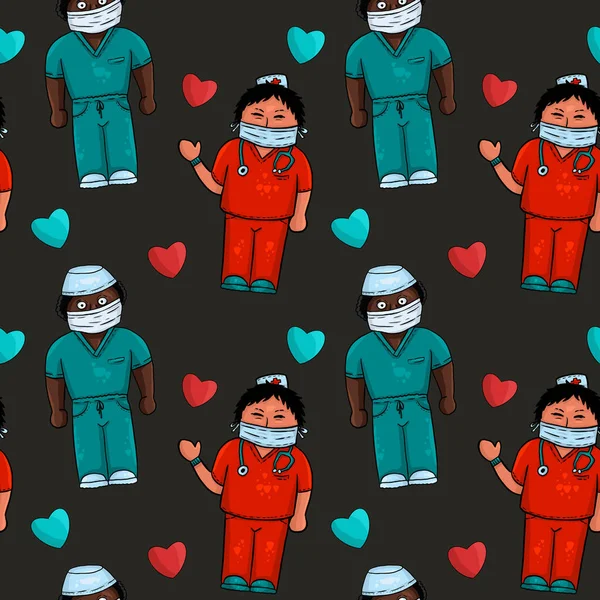 Doktorlar ve kalpler tıbbî olarak kusursuz kalıplar çizilmiş. Siyah arkaplan.