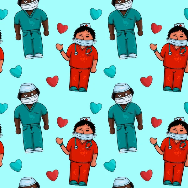 Doktorlar ve kalpler tıbbî olarak kusursuz kalıplar çizilmiş. Turkuaz arkaplan.