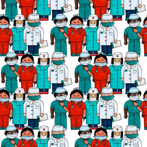 Drawn medical cartoon seamless pattern: many doctors. White background.