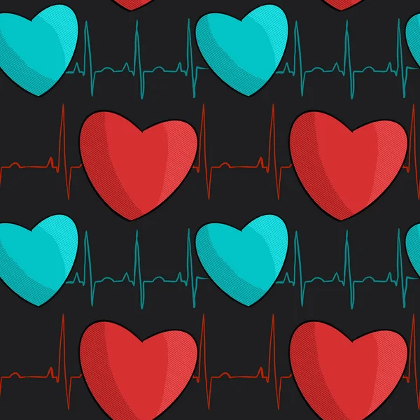 Hand Drawn Medical Seamless Pattern Red Turquoise Hearts Electrocardiogram Dark — 图库照片