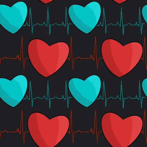 Hand Drawn Medical Seamless Pattern Red Turquoise Hearts Electrocardiogram Dark — Foto de Stock