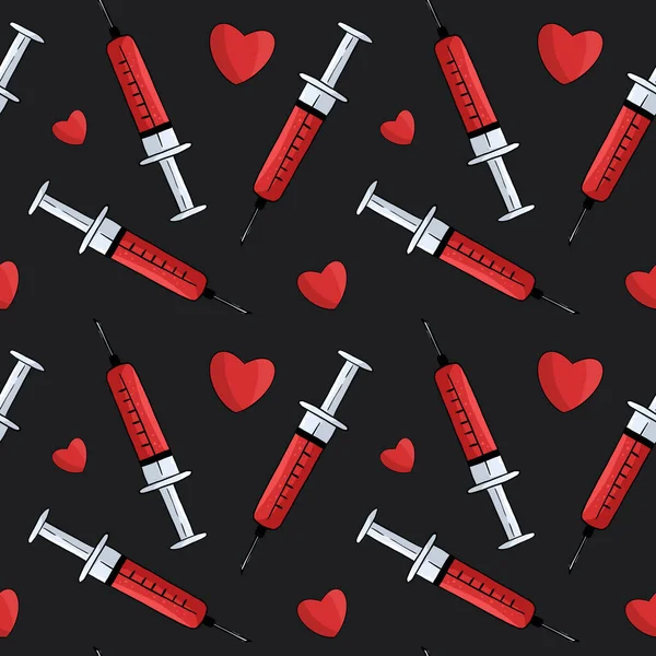 Hand-drawn medical seamless pattern, syringes with blood and red hearts on a dark background. Digital art.