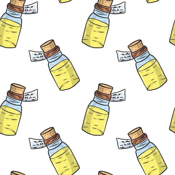 Hand drawn medical seamless pattern, yellow medicine bottles and paper label on white background. Digital art.