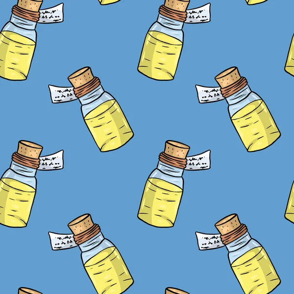 Hand drawn medical seamless pattern, yellow medicine bottles and paper label on light blue background. Digital art.