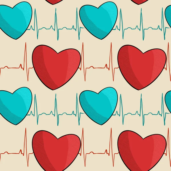 Hand Drawn Medical Seamless Pattern Red Turquoise Hearts Ecg Beige ストックフォト
