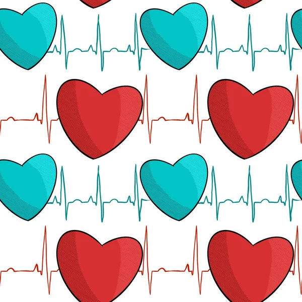 Hand Drawn Medical Seamless Pattern Red Turquoise Hearts Ecg White Stockafbeelding