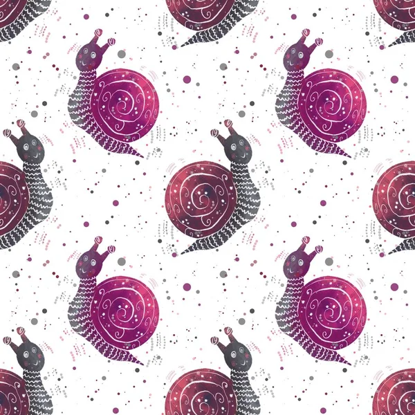 在白色背景上笑紫粉色蜗牛 幼稚无缝可爱的图案 数字艺术 — 图库照片
