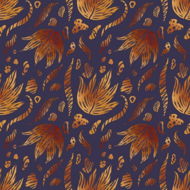 Koyu mor arka planda altın yapraklar. Soyut, pürüzsüz desen. Dijital sanat.