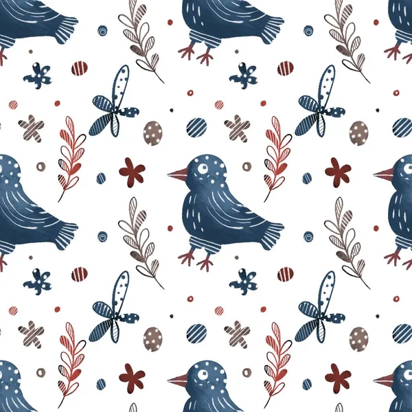 Синие Птицы Растения Белом Фоне Детский Бесшовный Симпатичный Узор Цифровое — стоковое фото