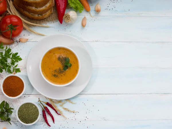 Traditionelle Türkische Küche Tarhana Suppe Draufsicht Mit Gemüse Auf Dem Stockbild