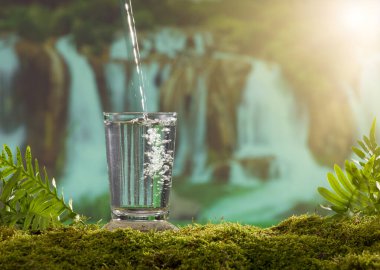 A glass of water on a moss covered stone. The forest background is waterfall clipart