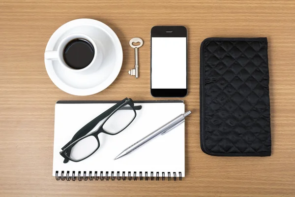 Coffee and phone with notepad,key,eyeglasses and wallet — Stock Photo, Image