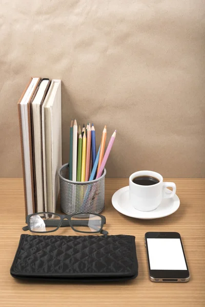 Office desk : coffee with phone,stack of book,eyeglasses,wallet, — Stock Photo, Image