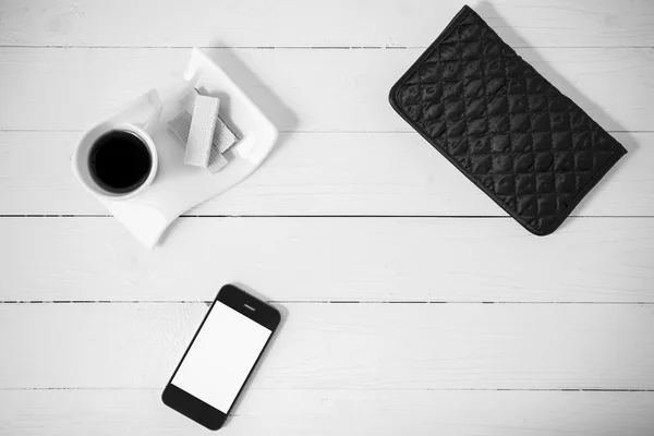 Coffee cup with wafer,phone,wallet black and white color — Stock Photo, Image