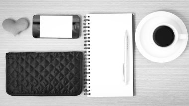 Ofis Büro: kahve ile telefon, kalp, not defteri, m-cüzdan siyah ve w