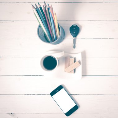 gofret, telefon, kalem kutusu, araba anahtar vintage tarzı ile kahve fincanı
