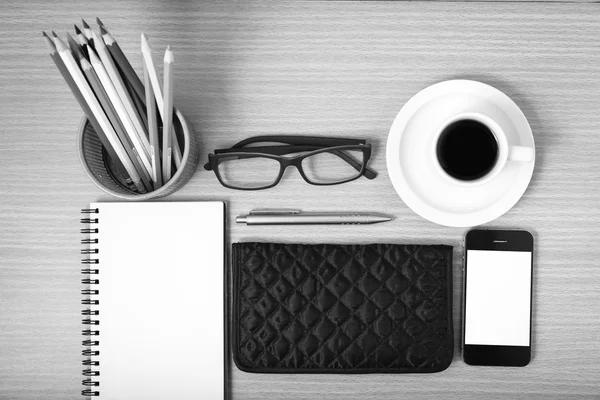 office desk : coffee with phone,notepad,eyeglasses,wallet,color