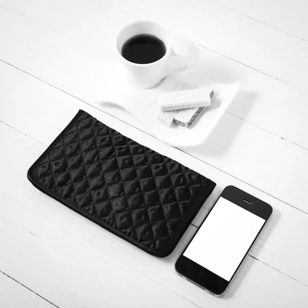 Coffee cup with wafer,phone,wallet black and white color — Stock Photo, Image