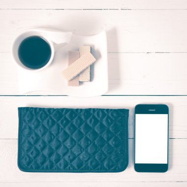 gofret, telefon, cüzdan vintage tarzı ile kahve fincanı