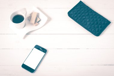 gofret, telefon, cüzdan vintage tarzı ile kahve fincanı