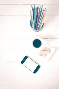 gofret, telefon, kalem kutusu vintage tarzı ile kahve fincanı