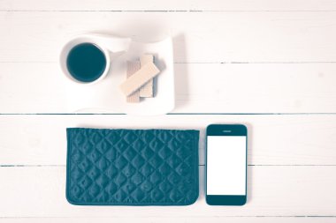 gofret, telefon, cüzdan vintage tarzı ile kahve fincanı