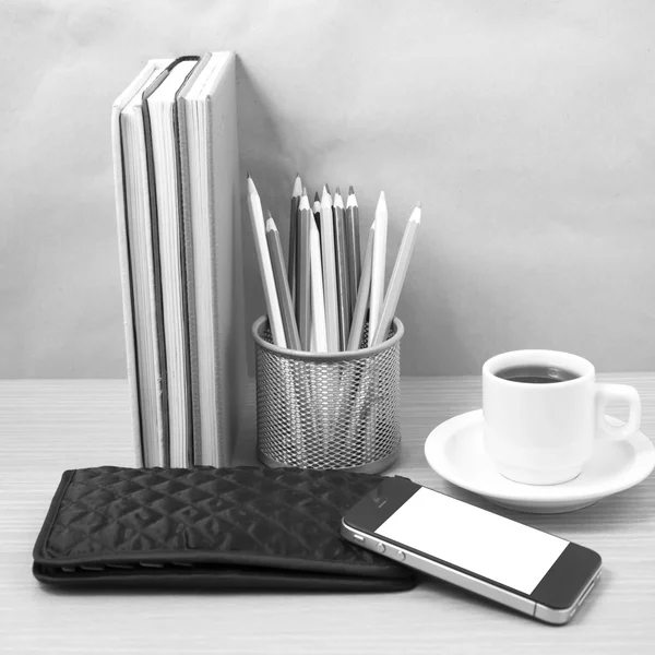 Office desk : coffee with phone,stack of book,wallet,color box b — Stock Photo, Image